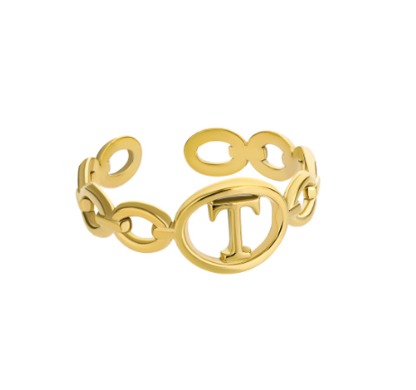 Kaijiang Hollow Initial Letter Rings For Women Gold Color Link Adjustable Open Ring Stainless Steel Jewelry Gift Fashion Accessories T