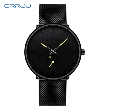 CRRJU Fashion Mens Watches Top Brand Luxury Quartz Watch Men Casual Slim Mesh Steel Waterproof Sport Watch 2150X BLACK YELLOW