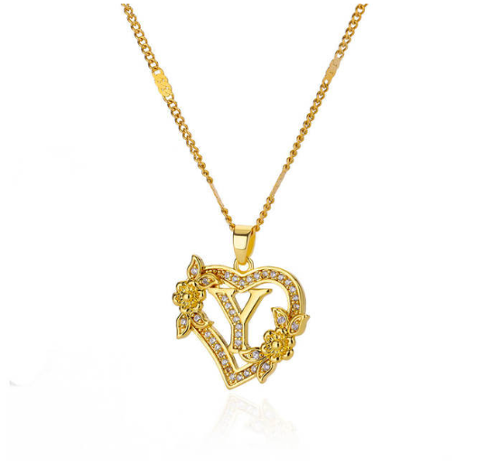 Zircon Stainless Steel Heart Flower Letter Necklaces For Women Gold Color A-Z Letter Heart Necklace Y