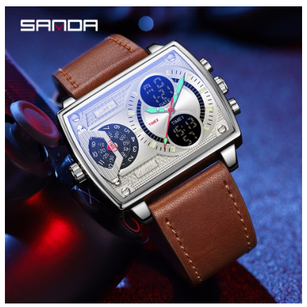 Sanda Multi-function Three Time Zone Luminous Digital LED Display Watch Successful Men Will Burst Out Charm Quartz Watch COFFEE SILVER