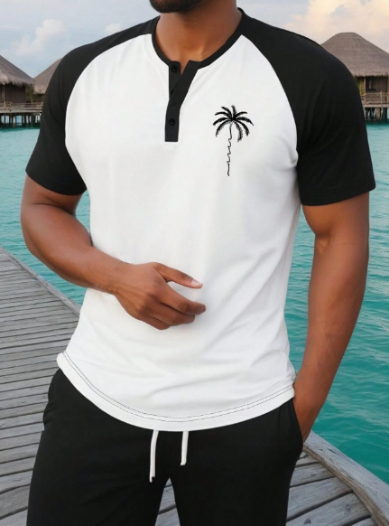 Manfinity RSRT Men's Summer Holiday Palm Tree Printed Colorblocked Raglan Sleeve Short Sleeve Casual Graphic T-Shirt
