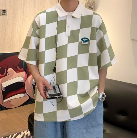 Korean Style Checkered Short Sleeve Polo T-Shirt For Men All-match Trend Loose Casual Literary Teens Fashion Polo Mens Mint Green Trend Plaid Overszed Polo For Men