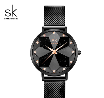 Shengke New Women Watches Romantic Starry Star Cutting Dial Black Mesh Band Lady Watches K0157 Black
