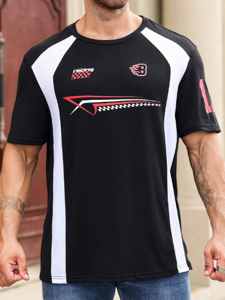 Men's Plus Size Casual Letter Print Short Sleeve Round Neck T-Shirt, Summer
