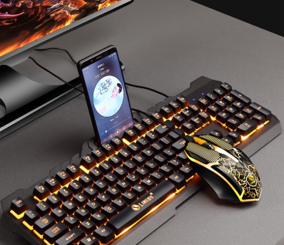 Backlit Computer Keyboard and Mouse Set , Wired Ergonomic Keyboard With Phone Holder Gamer Keyboard