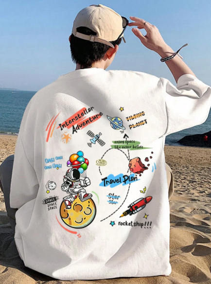 Manfinity Hypemode Men T-Shirts Oversize Crew Neck Drop Shoulder Short Sleeve Graphic Tee Astronaut Funny Casual Summer Polyester