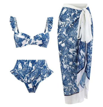New Women Blue Dragonfly Printed Two-piece Swimsuit w/ Cover Up Ruffle Strap