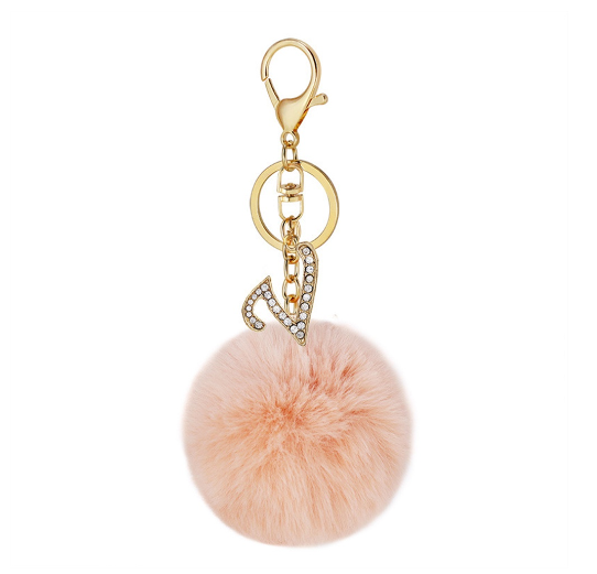 New 26 Letter Rhinestone Alloy Keychain Charm Girls Pink Pompom Key Ring Car Key Holder Women Bag Ornaments Accessories V