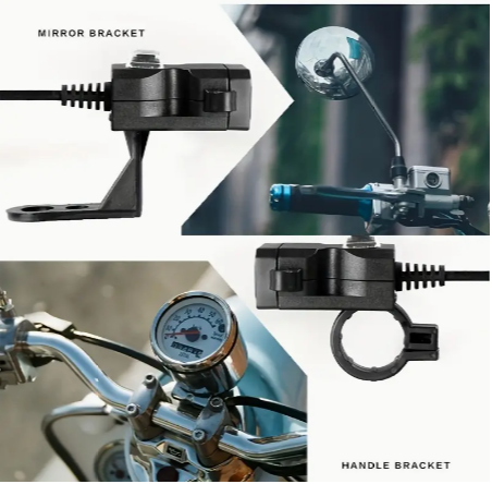 1pc Waterproof Motorcycle Handlebar Dual USB Charger With Mirror Mount And Switch - 12V-24V Power Outlet For All Phone Models
