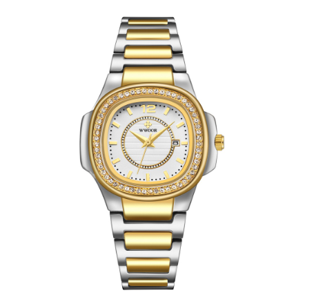 Wwoor Top Brand Luxury Women Watches Gold Watch Stainless Steel Square Waterproof Ladies WHITE DIAL TWO TONE
