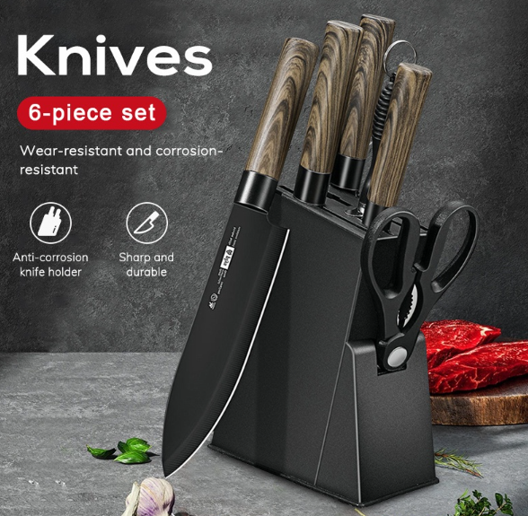 Kitchen Knife Set With Knife Holder 6 PCS Kitchen Utensils Chef Knife Bread Knife Cleaver Scissors