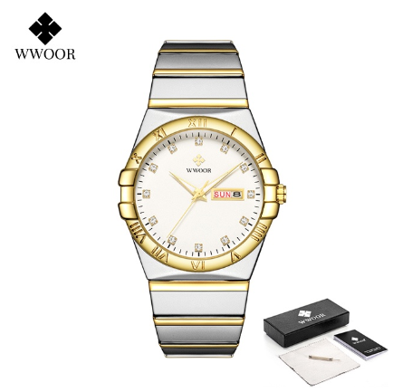 Wwoor Top Brand Luxury Stainless Steel Quartz Men's Watches Waterproof Men Wristwatches WHITE DIAL TWO TONE