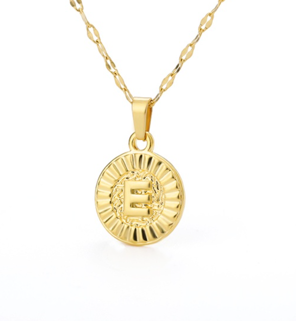 Maxzone A-Z Initial Round Letter Pendant Necklace For Women Stainless Steel Gold Choker Coin Letter Necklace E
