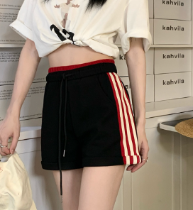 Lovito Casual Striped Contrast Binding Regular Mid Waist Shorts for Women LNE09049 Black