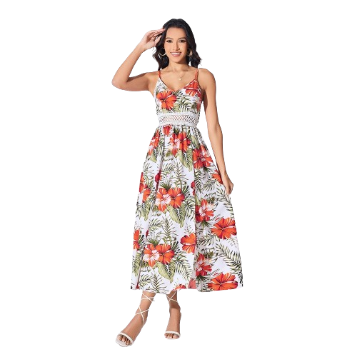 Lovito Women Boho Tropical Lace Split Thigh Dress LBL07186