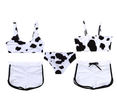 Kids Teen Girls Cow Print Swimwear Summer Cut Out Vest Swimsuit Three-piece Bikini Shorts Sets Swiimwear