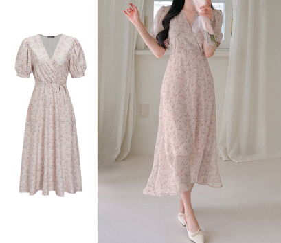 Lovito Women Casual Ditsy Floral Wrap Lace Up Puff Sleeve Dress L65ED125 Light Pink