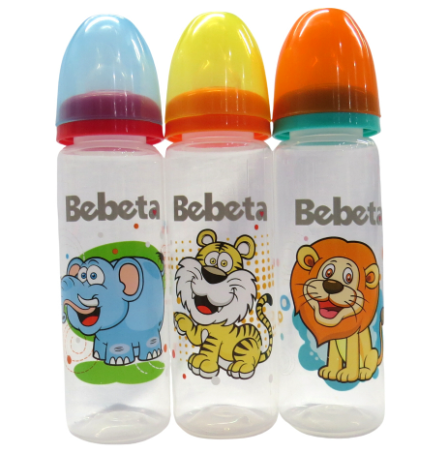Bebeta Feeding Bottle 9oz Regular Neck With Scale Hood & Animal Print 3Pcs/Pk Blue/Pink