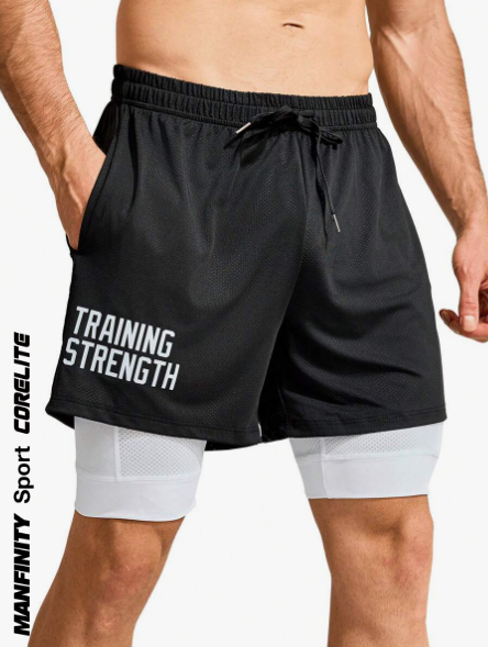 Manfinity Sport Corelite Men's Drawstring Waist Two-In-One Athletic Shorts With Letter Print