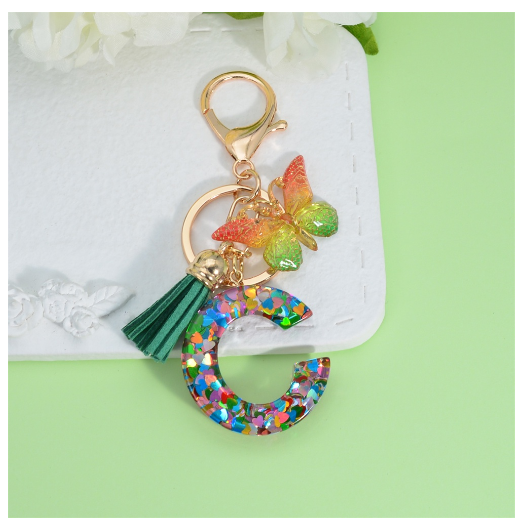 Fashion Butterfly Pendant 26 Letter Keychain Heart Sequins Filled A-Z Initial Key Chains With Tassel Bag Charms Accessories Gift C