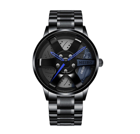 Creative Wheel Dial Men Sports Watch Black Stainless Steel Band Male Quartz Wristwatches BLUE
