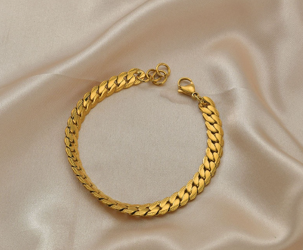 Men Flat Snake Pattern Bone 18K Gold Plated Curb Chain Fashion Bangle Bracelet Stainless Non Tarnish