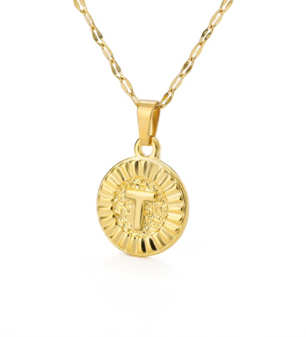 Maxzone A-Z Initial Round Letter Pendant Necklace For Women Stainless Steel Gold Choker Coin Letter Necklace T