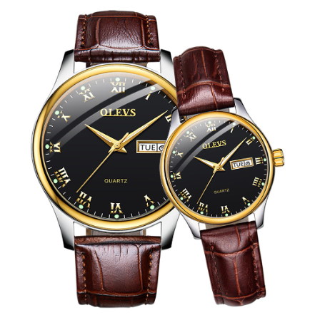 Olevs Couple Watch Waterproof Original Quartz Stainless Steel Luminous Calendar Fashion Leather Watch BLACK DIAL BROWN LEATHER STRAP
