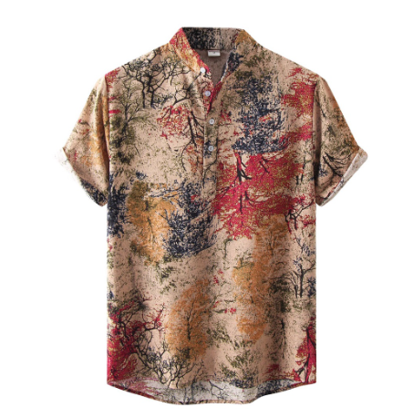Plus Size 2023 New Men's Retro Linen And Cotton Floral Shirt Short Sleeve Stand Collar Half Button Vintage Polo Shirt