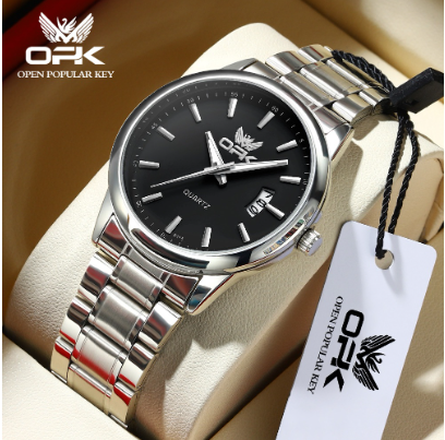 OPK Watch for Men Waterproof Original Stainless Steel Quartz Black White Wristwatch Model 6010