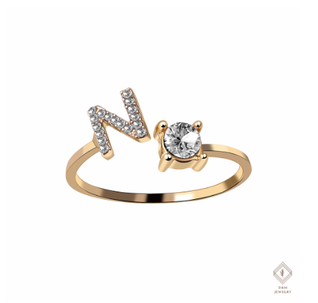 26 Letter Rings Cubic 14K Gold Promise Ring Diamond Ring Wedding 925 Silver Ring Adjustable Size N