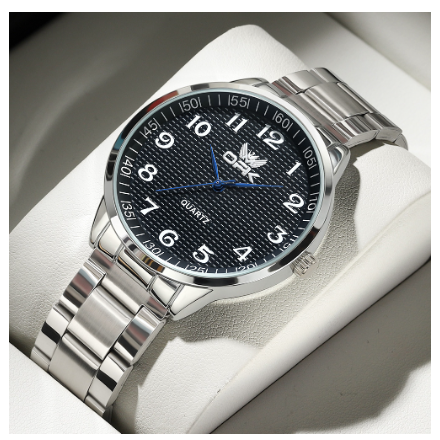 OPK Watch For Men WaterProof Original Stainless Steel Strap Fashion Luminous Calendar Quartz Men's Watches BLACK DIAL SILVER STRAP
