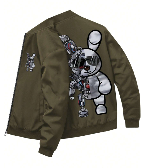 Men's Baseball Collar Jacket Spring Autumn New Arrival, Bunny Robot Alien Creative Print Zip Up Casual Sports Outerwear With Pockets, Daily & Outdoor Wear