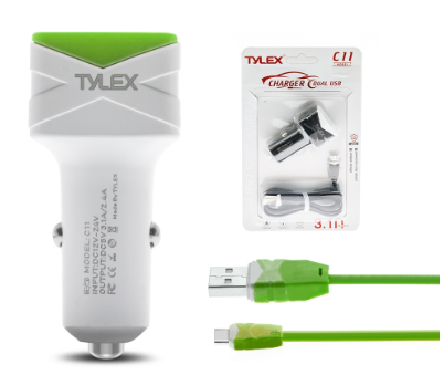 Tylex C11 2 USB 5V 3.1A/2.4A Quick Car Charger with Type-C Cable