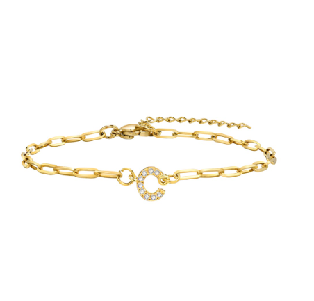 Vnox 18K Gold Zircon Initial Bracelet,Letter Charm Link Stainless Steel Flat Cross Bracelet C