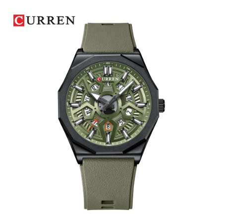 CURREN New Men's Watch Sports Casual Silicone Strap Pointer Luminous Dial Automatic Calendar Waterproof 8437 X GREEN