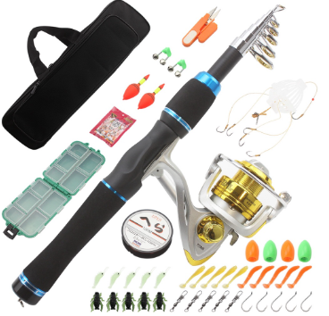 Fishing Rod Reel Combo Full Kit 1.65m Telescopic Fishing Rod Spinning Reel Set with Hooks Soft