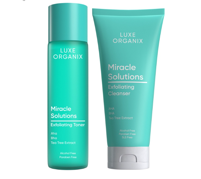 Luxe Organix Miracle Solutions AHA BHA Gel Cleanser 120ml & Pore Toner 150ml Bundle