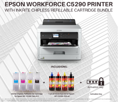 Epson WF-C5290 Printer with Inkrite Chipless Refillable Cartridge, Dye Inks, and Act Key