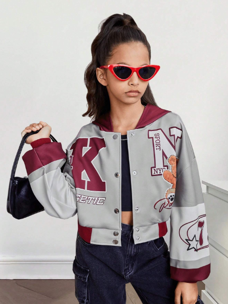 Tween Girl Spring/Autumn Slogan And Bear Graphic Colorblock Drop Shoulder Cropped Jacket Without Hoodie