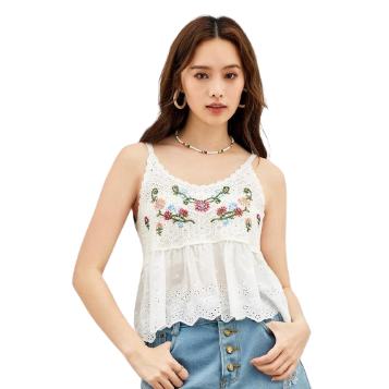 ovito Boho Plain Contrast Mesh Eyelet Embroidery Good Texture Knit Top for Women L47ED109 (White)