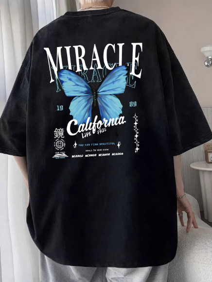Manfinity EMRG Men T-Shirts Baggy Crew Neck Drop Shoulder Short Sleeve Graphic Tee Butterfly Street Summer Polyester