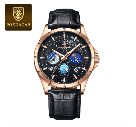 POEDAGAR chronograph watch for men waterproof original multifunctional genuine leather calendar luminous Watch ROSEGOLD BLACK