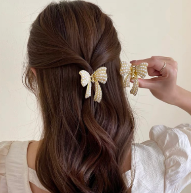 Pearl Bowknot Hair Clip Fashion Hairpins Butterfly Bow Tie Exquisite Back Head Claws for Girls Women