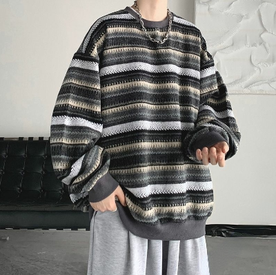 Korean Retro Striped Sweater Knitted Top Men's Loose Crew Neck Shirt Casual