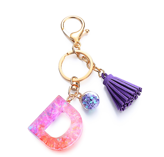 Cute Creative 26 Letter Alphabet Crystal Glitter Resin Keychain Women Tassels Keyring Car Key Holder Bag Charms Accessories D
