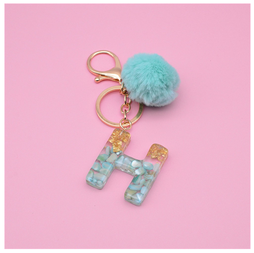 Cute Keyring Green Pompom Fur Ball 26 Letter Keychain Resin Key Chains Handbag Charms For Woman Ornaments Accessories Gift H