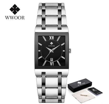 Wwoor Gold Bracelet Watches Men Gevena Square Clock Male Stainless Steel Waterproof Auto Date Quartz Watch BLACK DIAL TWO TONE OF BLACK SILVER