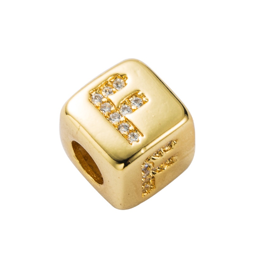 Gold Rhinestone Letters Cube Charm for Bracelet Necklace A-Z Alphabet Dice Beads F