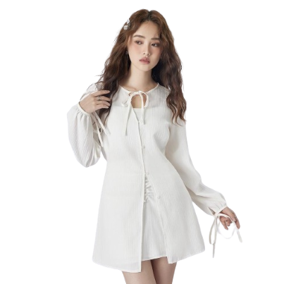 Lovito Casual Plain Long Sleeve Ruched Bow Tied Neck Two Pieces Women Skirt Sets L37AD077 (White)